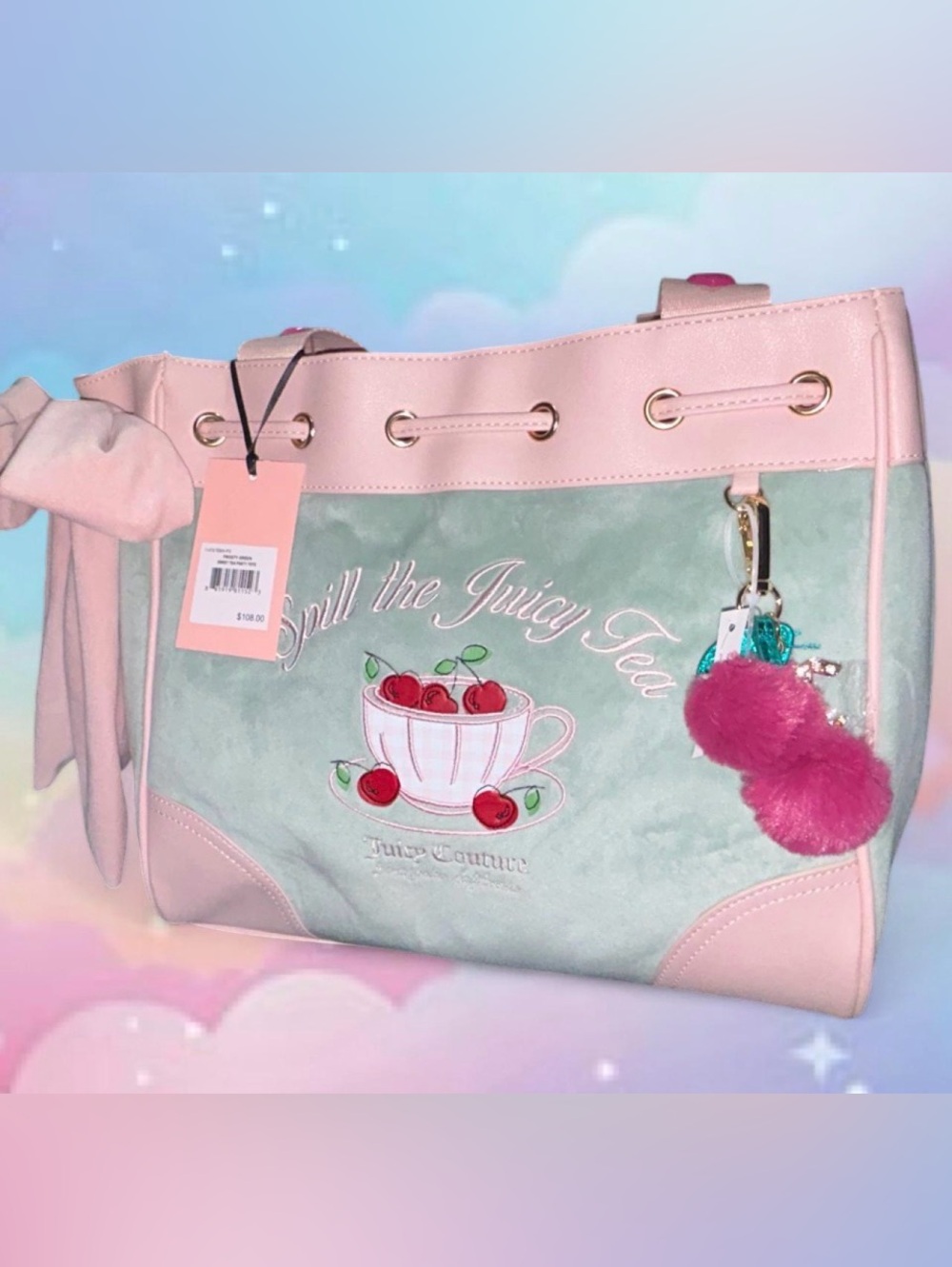 Juicy Couture Pink & Mint 'Spill the Juicy Tea'  Daydreamer Tote Bag